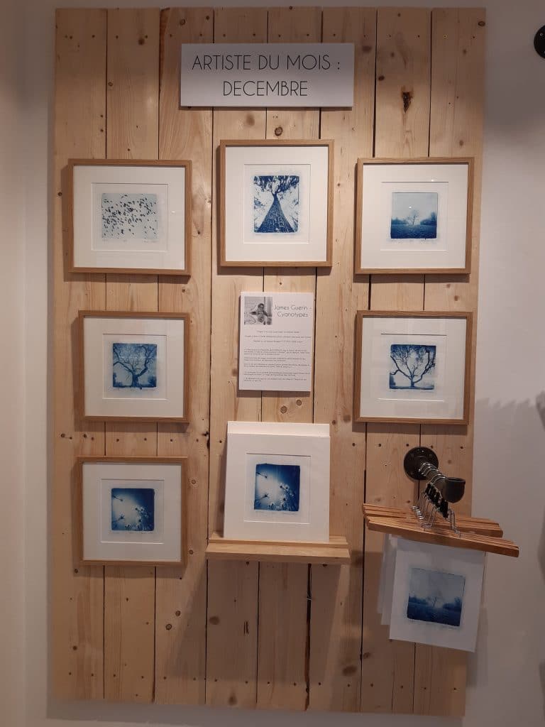 Artem Nantes présente l'artiste James Guerin et ses cyanotypes. 5 cyanotypes différents, qui représentent des oiseaux qui volent dans le ciel, des arbres, des marguerites. Les cyanotypes sont proposés sous pochettes plastiques et suspendus par des cintres, ou avec un passe-partout blanc prêt à encadrer ou bien déjà encadrés avec un passe-partout blanc et une baguette en bois naturel et un verre standard.